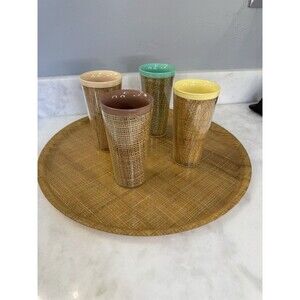 VTG 1970s Raffia Ware Burlap LOT 4 Tumbler Cups And 17 In Platter